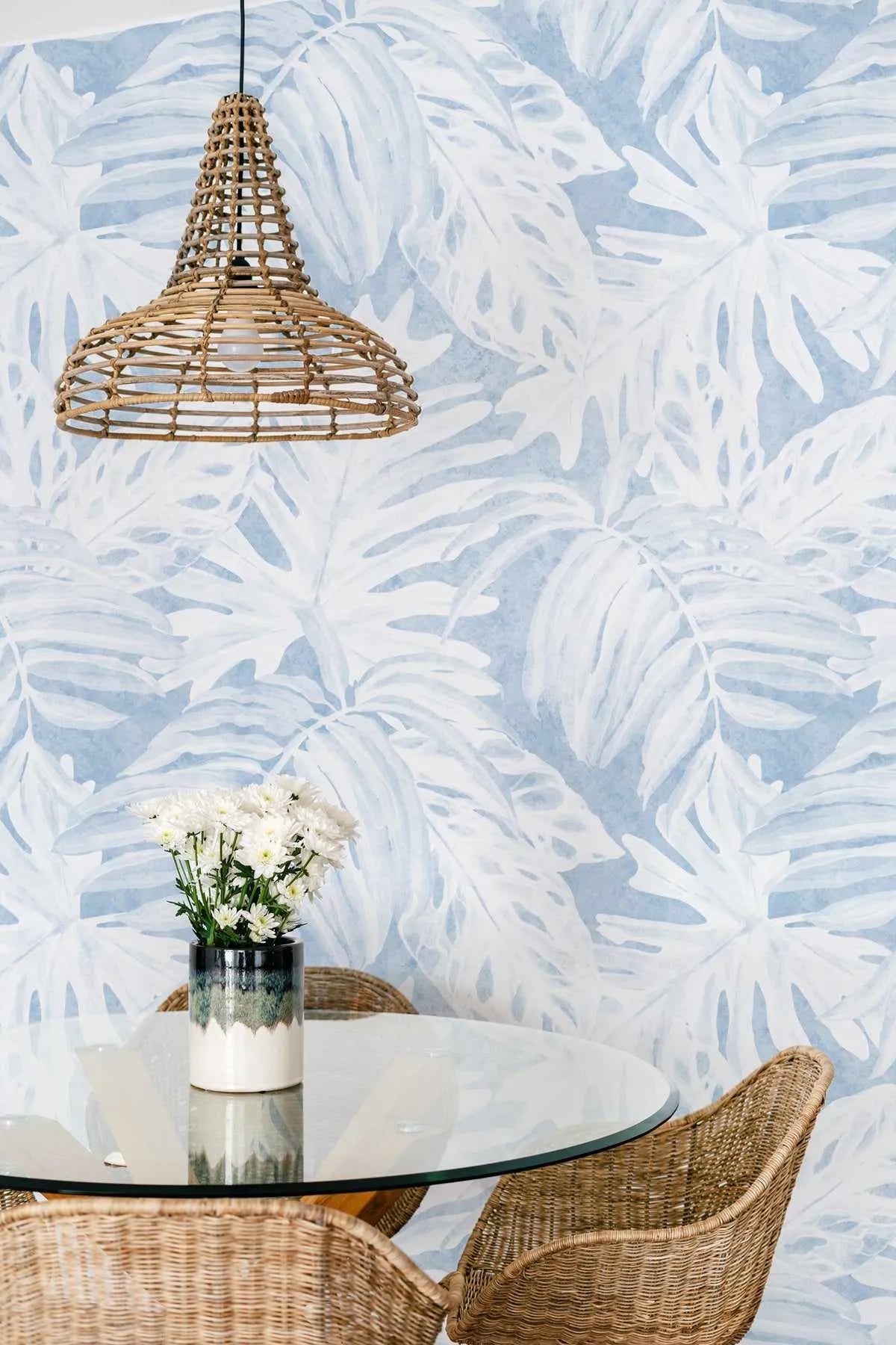 White Luxe Palm Wallpaper in Blue from Olive et Oriel where you can shop wallpaper and artworks online