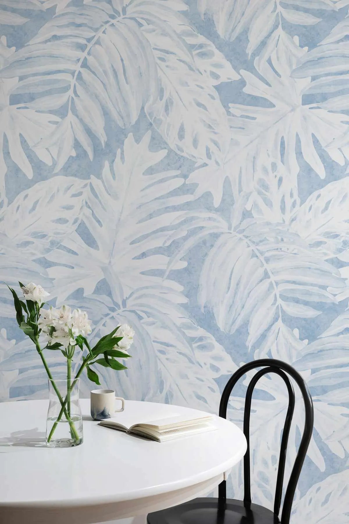 White Luxe Palm Wallpaper in Blue from Olive et Oriel where you can shop wallpaper and artworks online