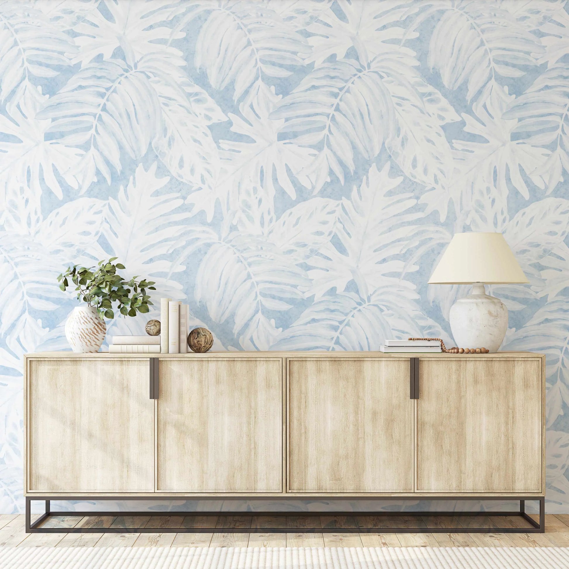 White Luxe Palm Wallpaper in Blue from Olive et Oriel where you can shop wallpaper and artworks online