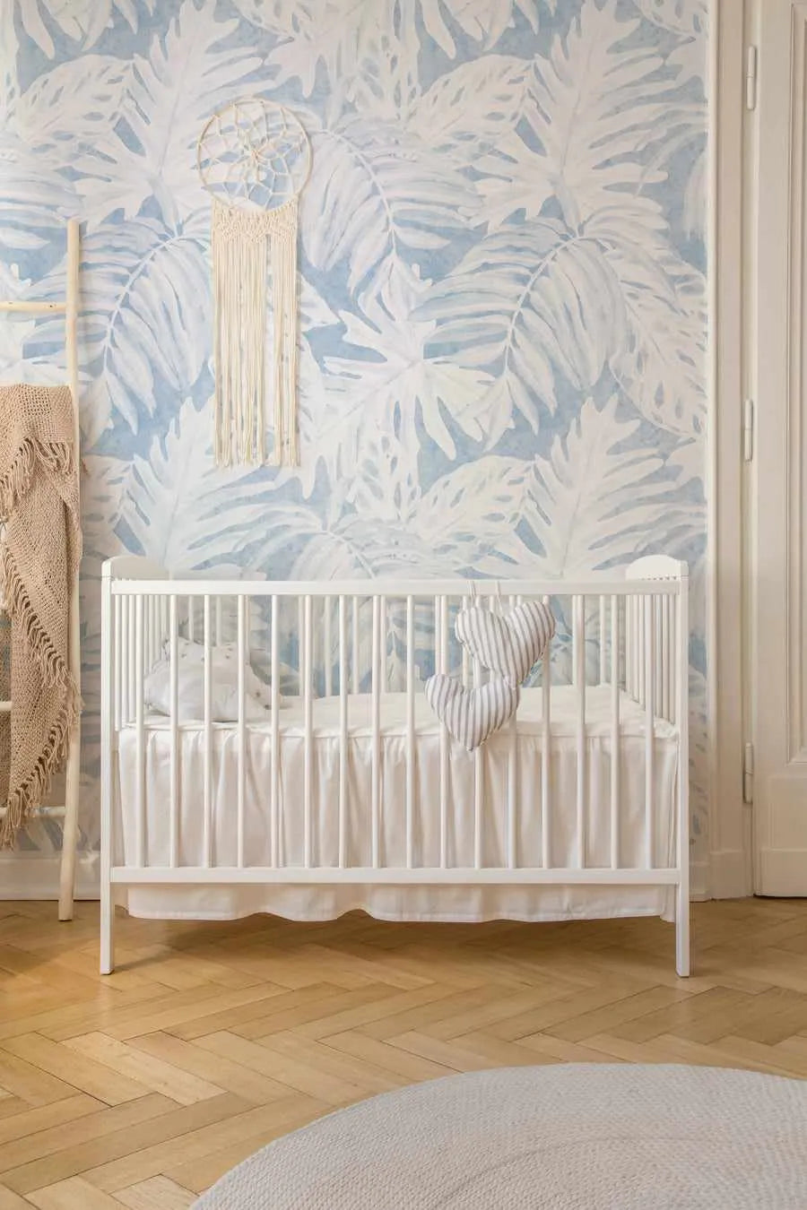 White Luxe Palm Wallpaper in Blue from Olive et Oriel where you can shop wallpaper and artworks online