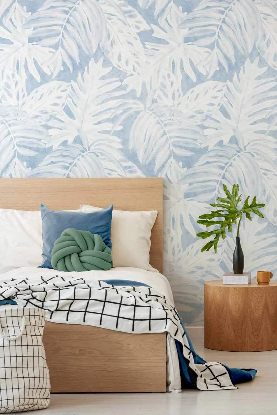 White Luxe Palm Wallpaper in Blue from Olive et Oriel where you can shop wallpaper and artworks online
