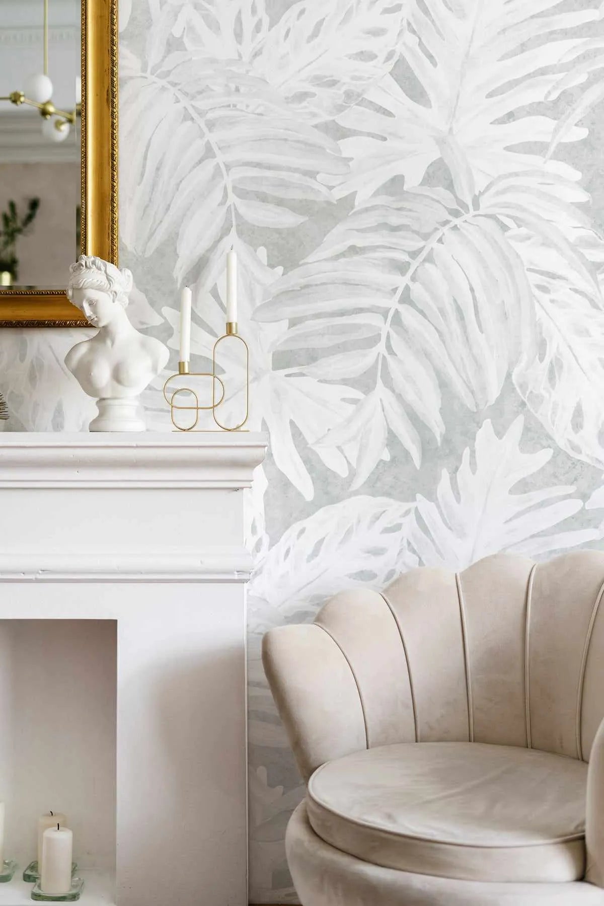 White Luxe Palm Wallpaper in Grey from Olive et Oriel where you can shop wallpaper and artworks online