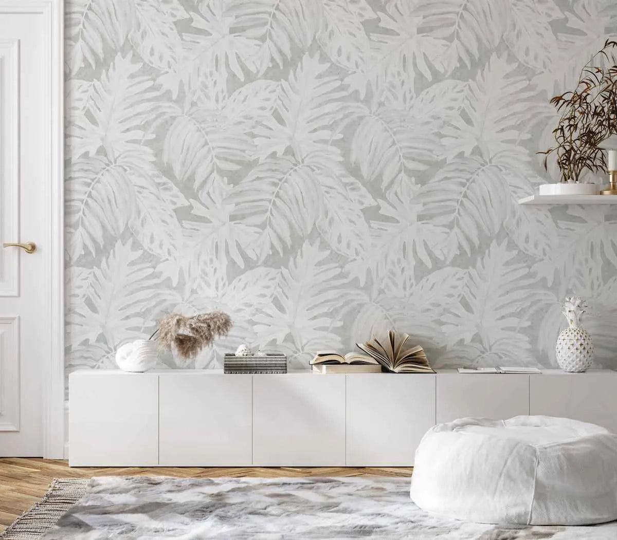 White Luxe Palm Wallpaper in Grey from Olive et Oriel where you can shop wallpaper and artworks online