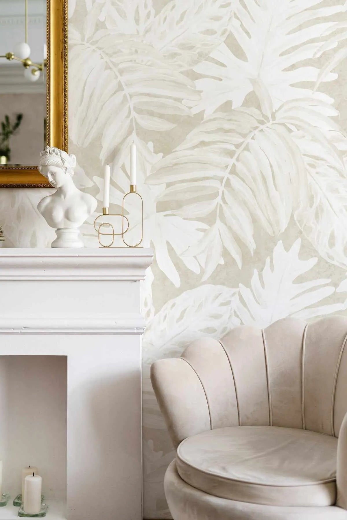 White Luxe Palm Wallpaper in Sand from Olive et Oriel where you can shop wallpaper and artworks online
