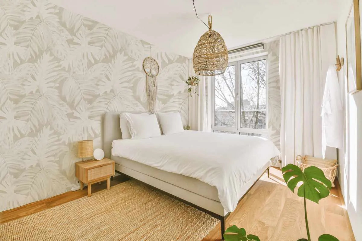 White Luxe Palm Wallpaper in Sand from Olive et Oriel where you can shop wallpaper and artworks online