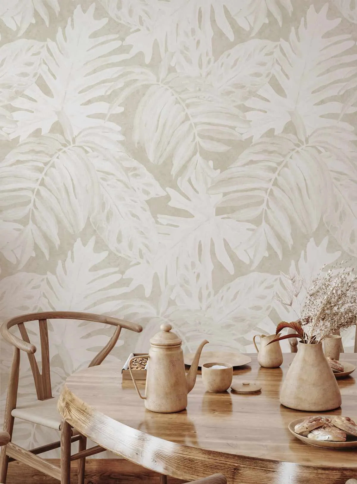 White Luxe Palm Wallpaper in Sand from Olive et Oriel where you can shop wallpaper and artworks online
