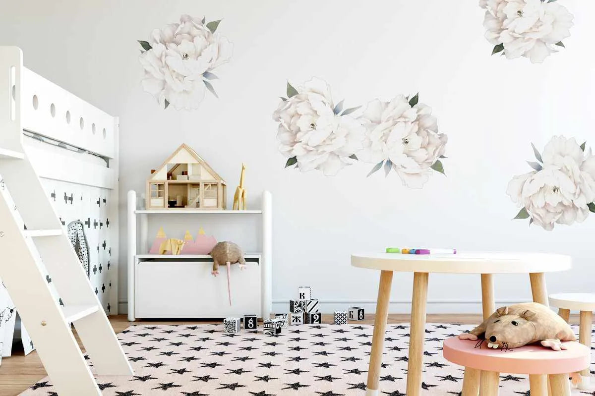 White Peony | Large Decal-Decals-Olive et Oriel-Decorate your kids bedroom wall decor with removable wall decals, these fabric kids decals are a great way to add colour and update your children's bedroom. Available as girls wall decals or boys wall decals, there are also nursery decals.