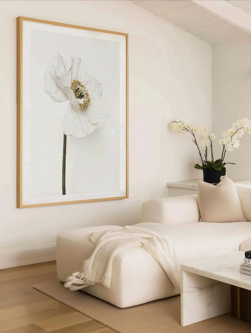 Large framed art print displayed above a cream-coloured sectional sofa in a minimalist living room. The print features a large-scale white poppy with a golden-yellow center and a dark green stem, with a natural wood frame and white border. The room includes a textured cream throw, a cream cushion, a white marble coffee table, and a black pot with white orchids.