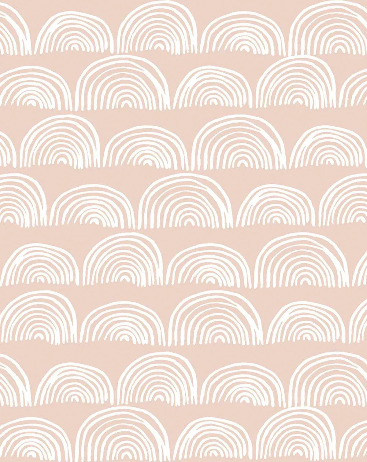 Peel and stick wallpaper featuring a repeating pattern of hand-drawn rainbows in white on a soft, muted blush pink background. The rainbows are composed of multiple concentric arcs with a loose, organic, and slightly irregular hand-drawn quality.