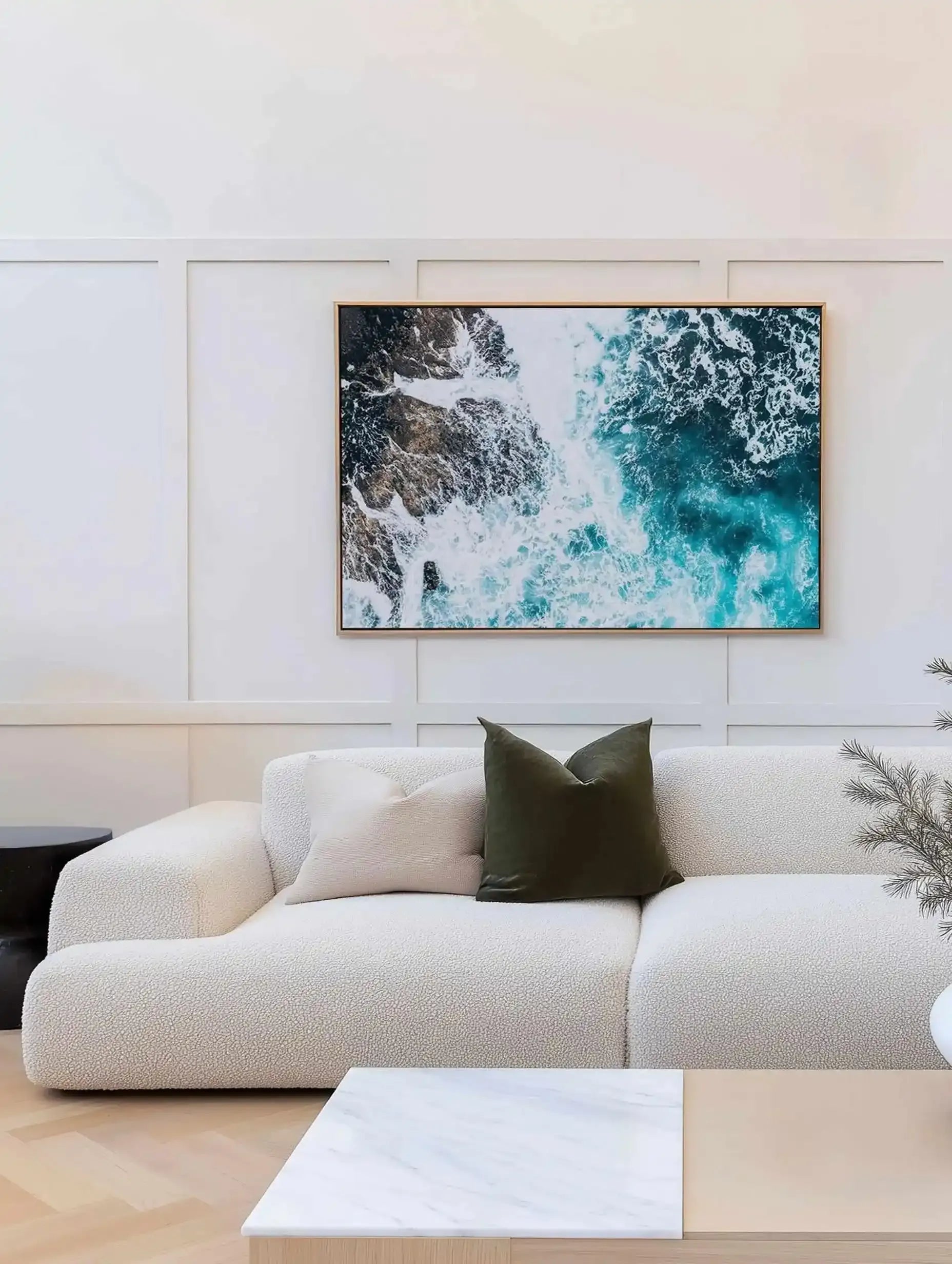 White Washed Merimbula | Aerial Photo Wall Framed Canvas Art Print from Olive et Oriel where you can shop wallpaper and artworks online