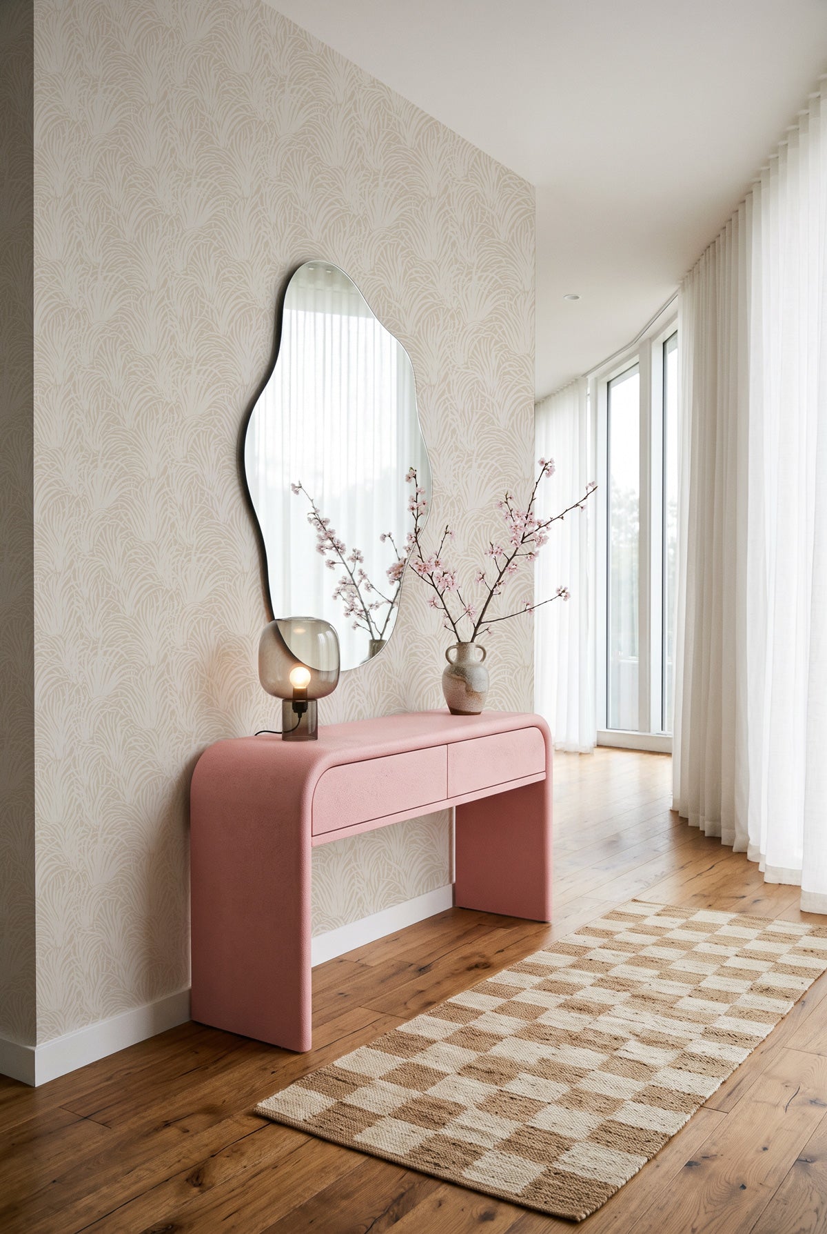Coastal Luxe Grass in White on Beige Wallpaper