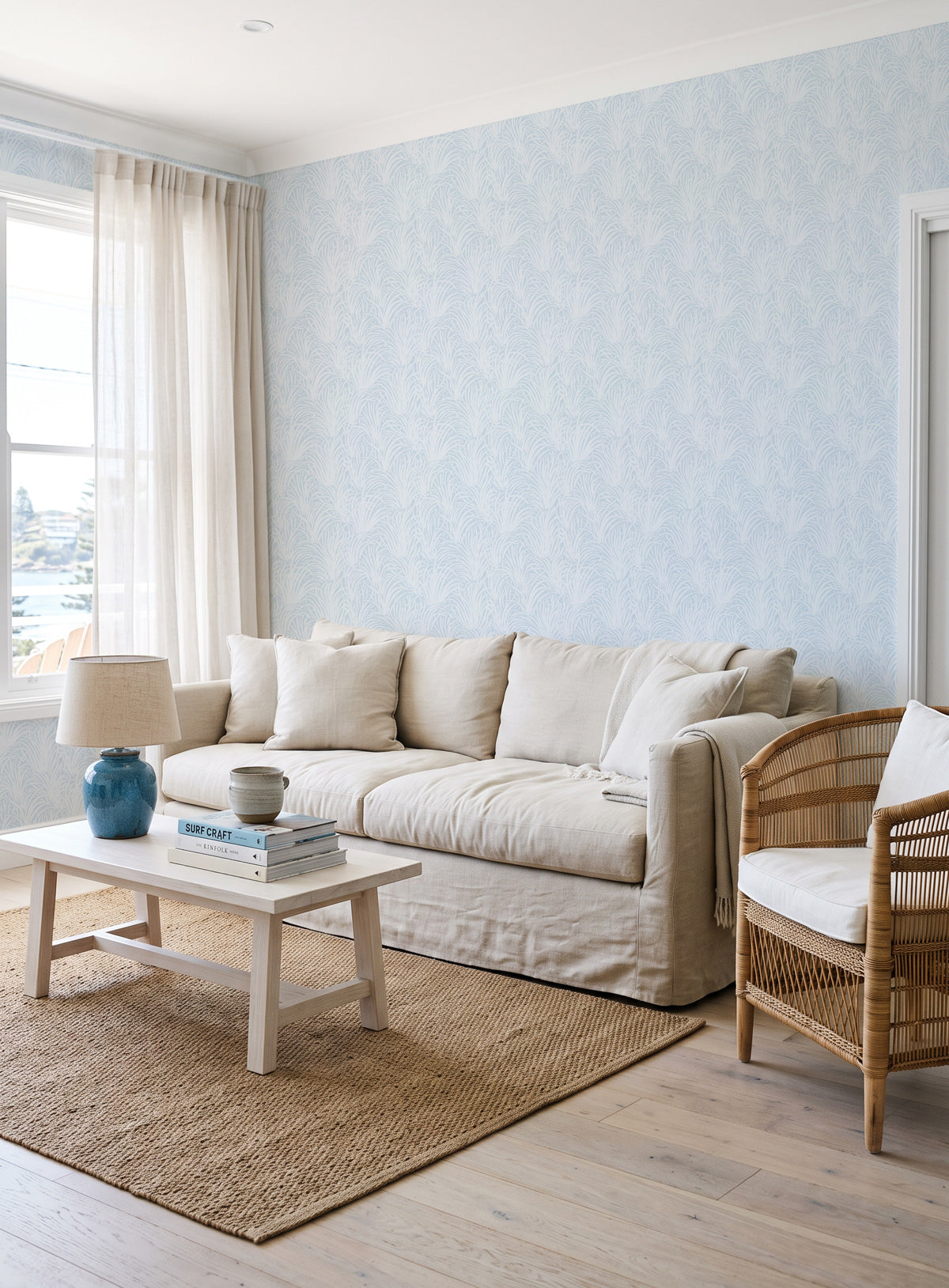 Coastal Luxe Grass in White on Blue Wallpaper
