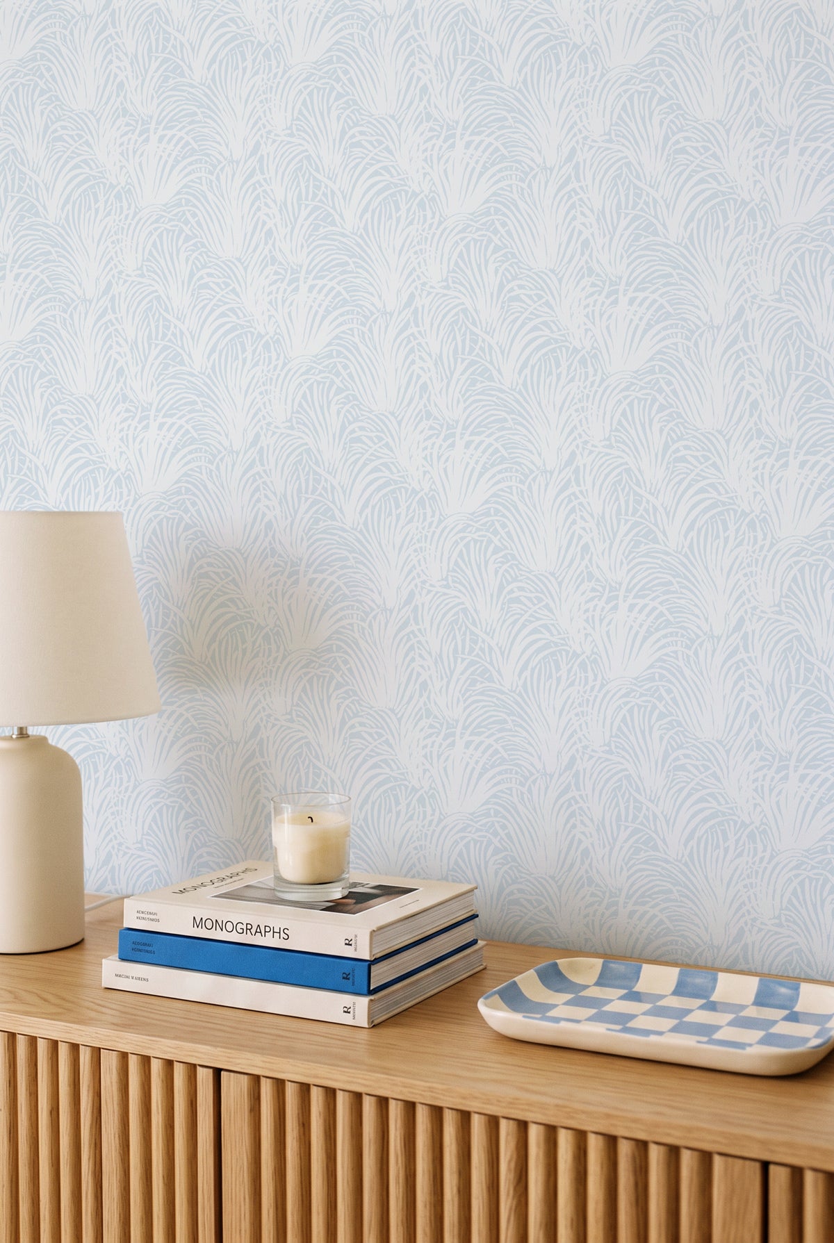 Coastal Luxe Grass in White on Blue Wallpaper
