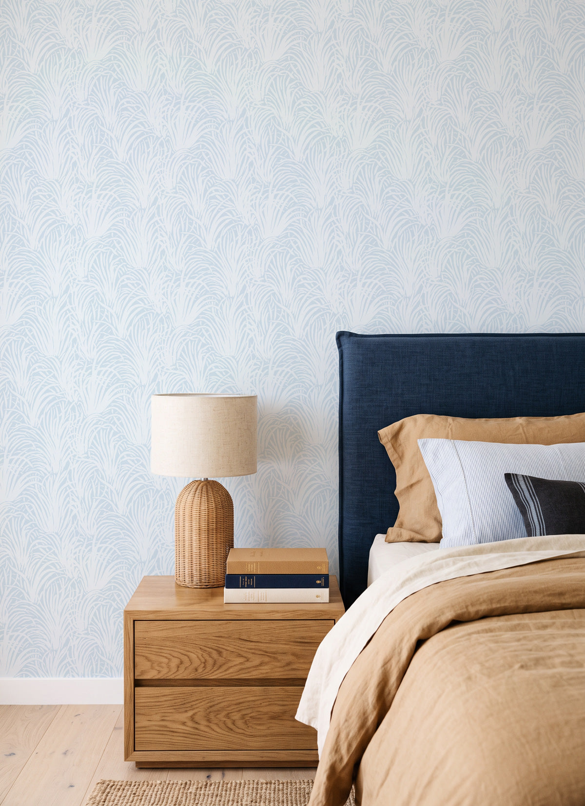 Coastal Luxe Grass in White on Blue Wallpaper