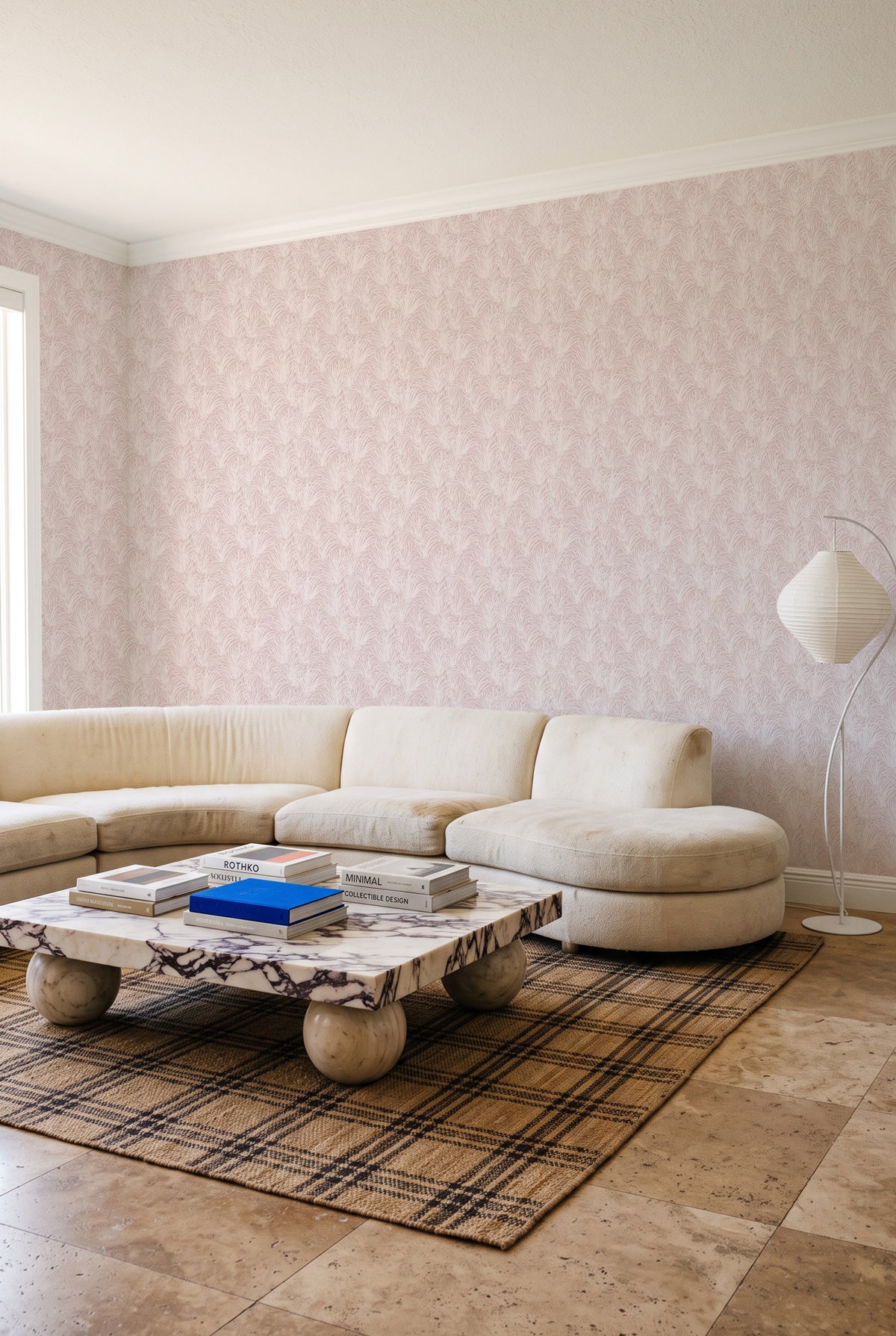 Coastal Luxe Grass in White on Rose Pink Wallpaper