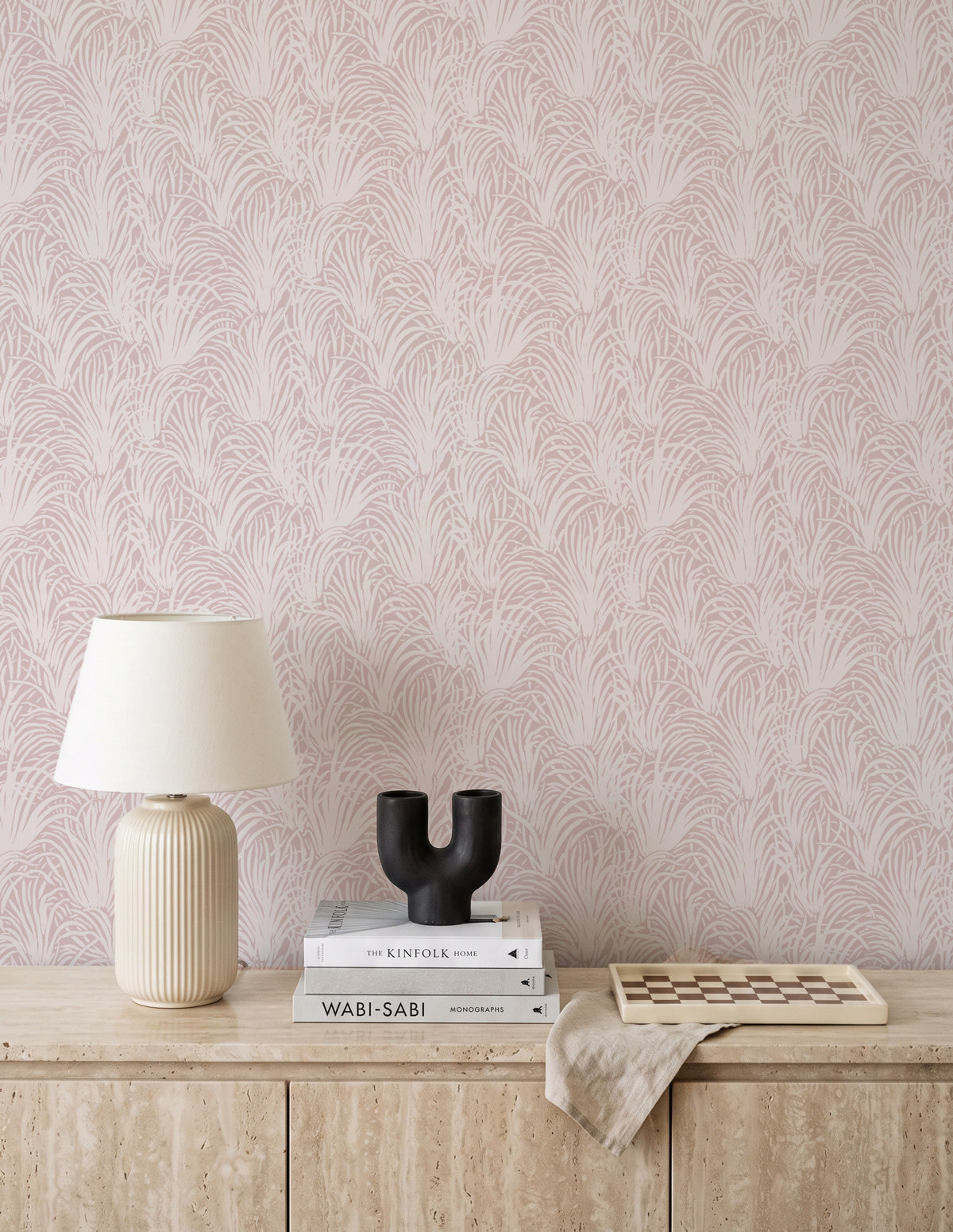 Coastal Luxe Grass in White on Rose Pink Wallpaper