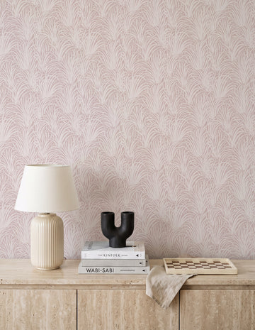 Coastal Luxe Grass in White on Rose Pink Wallpaper
