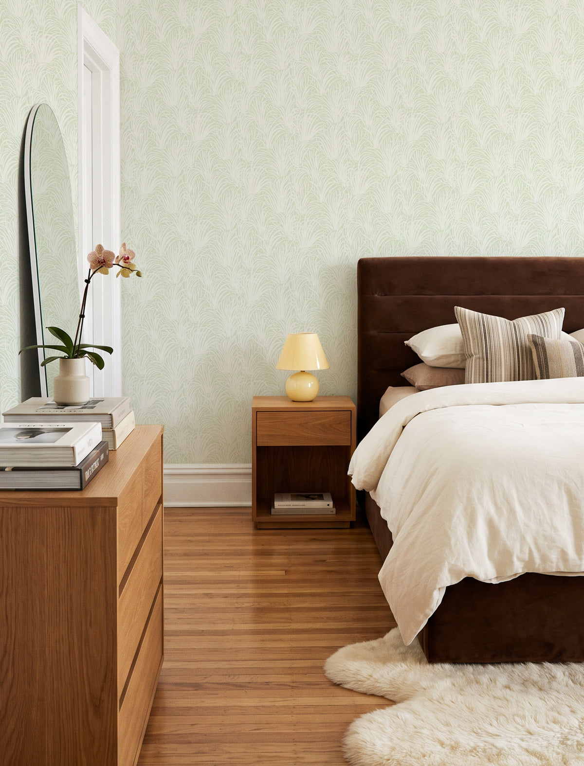 Coastal Luxe Grass in White on Sage Green Wallpaper