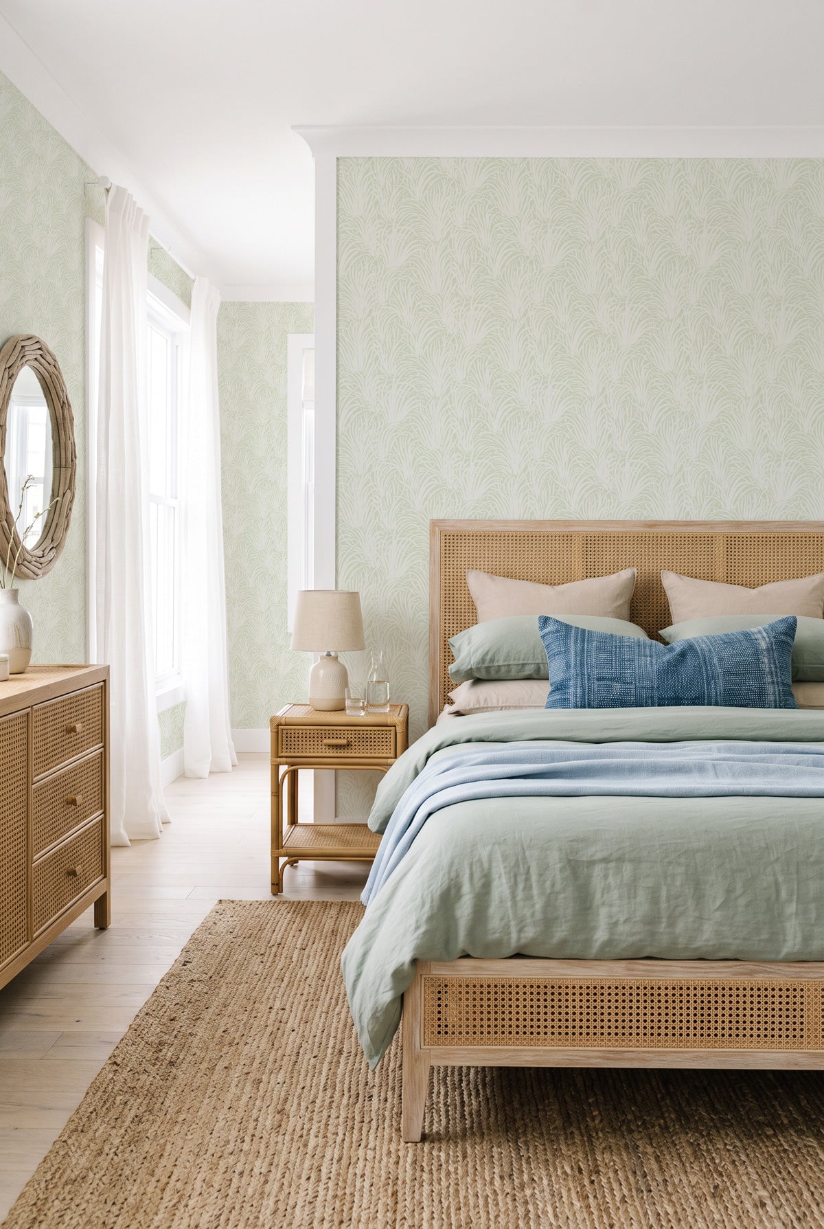 Coastal Luxe Grass in White on Sage Green Wallpaper