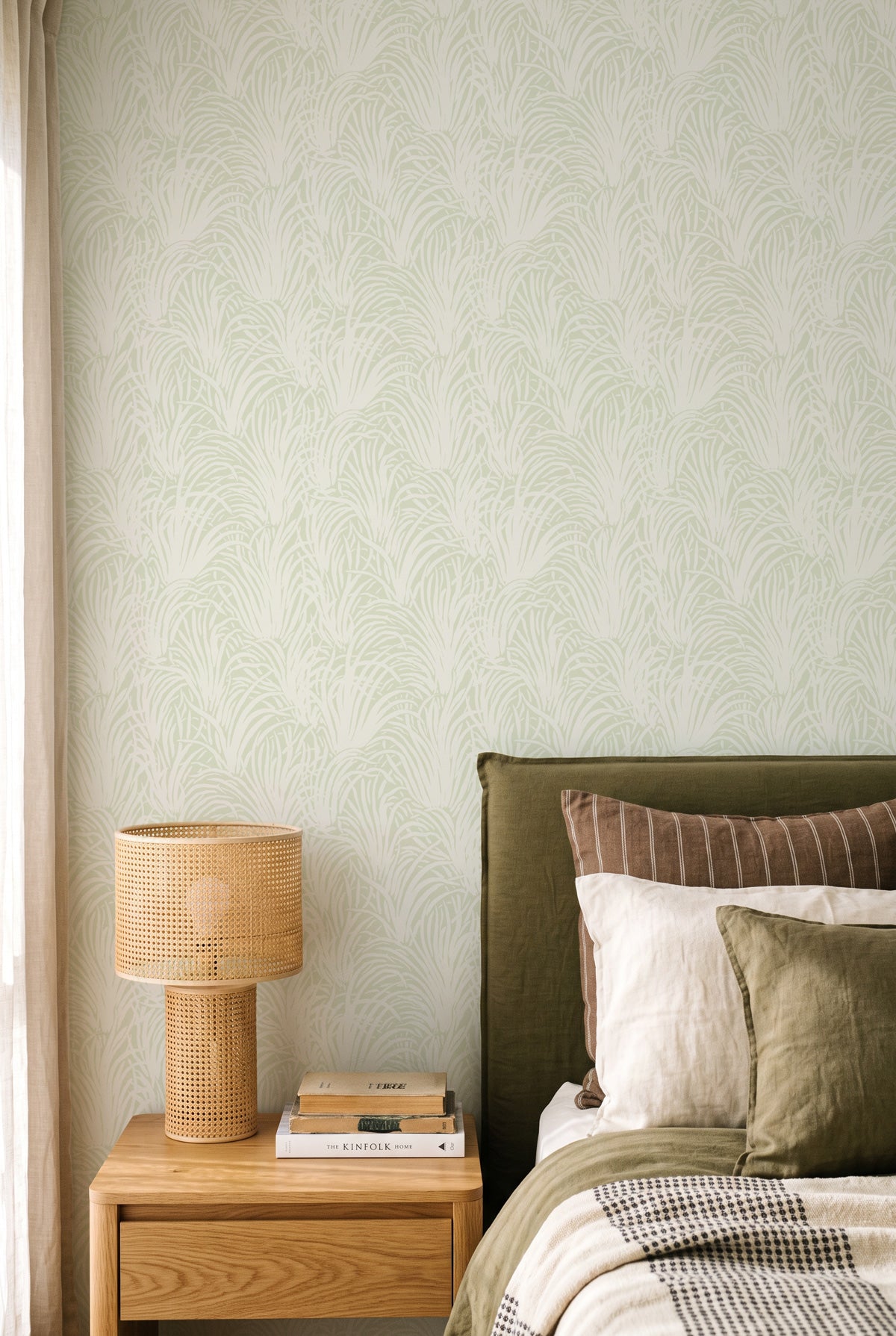 Coastal Luxe Grass in White on Sage Green Wallpaper