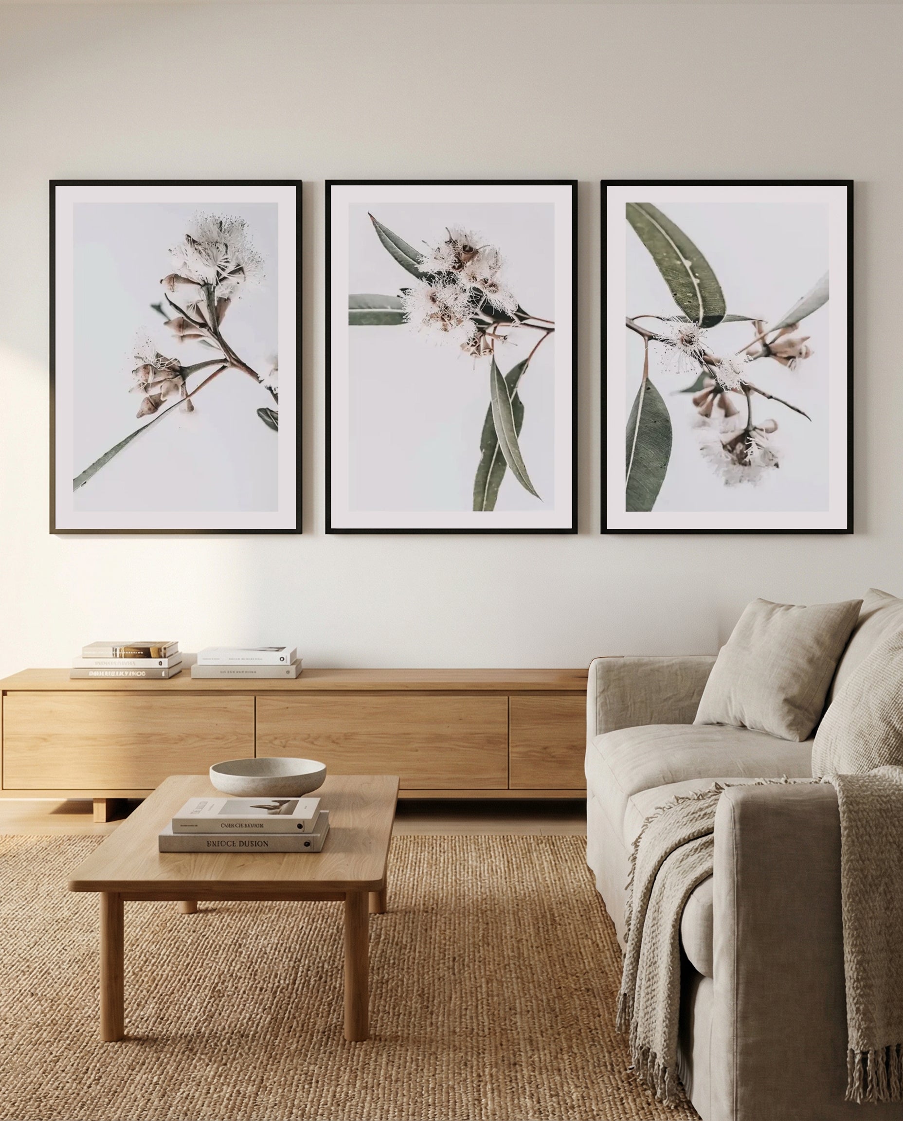 White Eucalyptus I, II & III | 3 Piece Wall Art Set in Green art print oak frame with white border