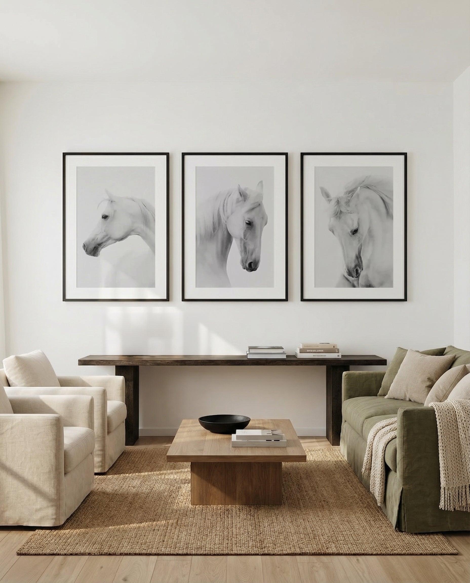 White Horse I, II & III | 3 Piece Wall Art Set in White art print oak frame with white border