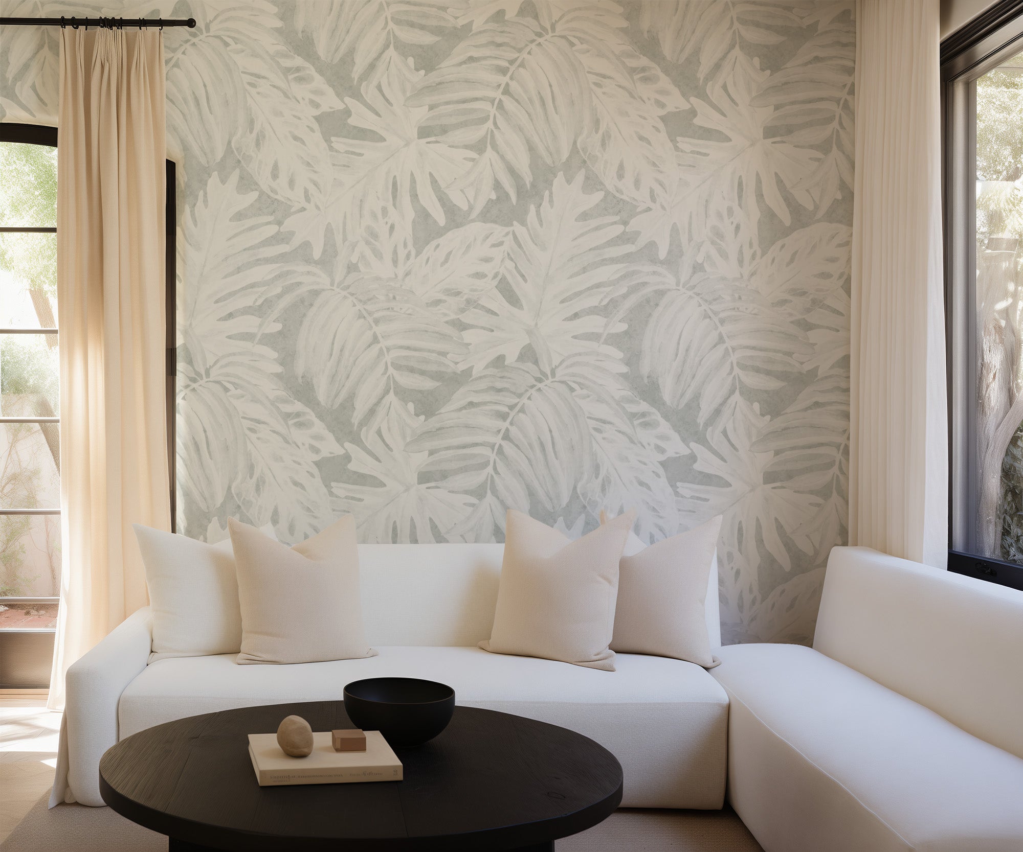 White Luxe Palm Wallpaper in Grey