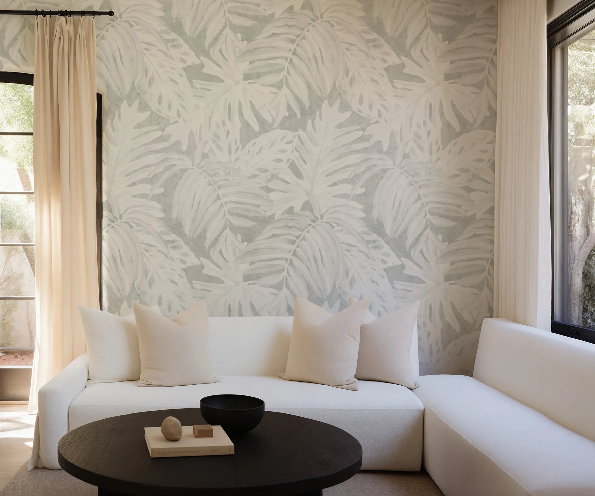White Luxe Palm Wallpaper in Grey from Olive et Oriel where you can shop wallpaper and artworks online
