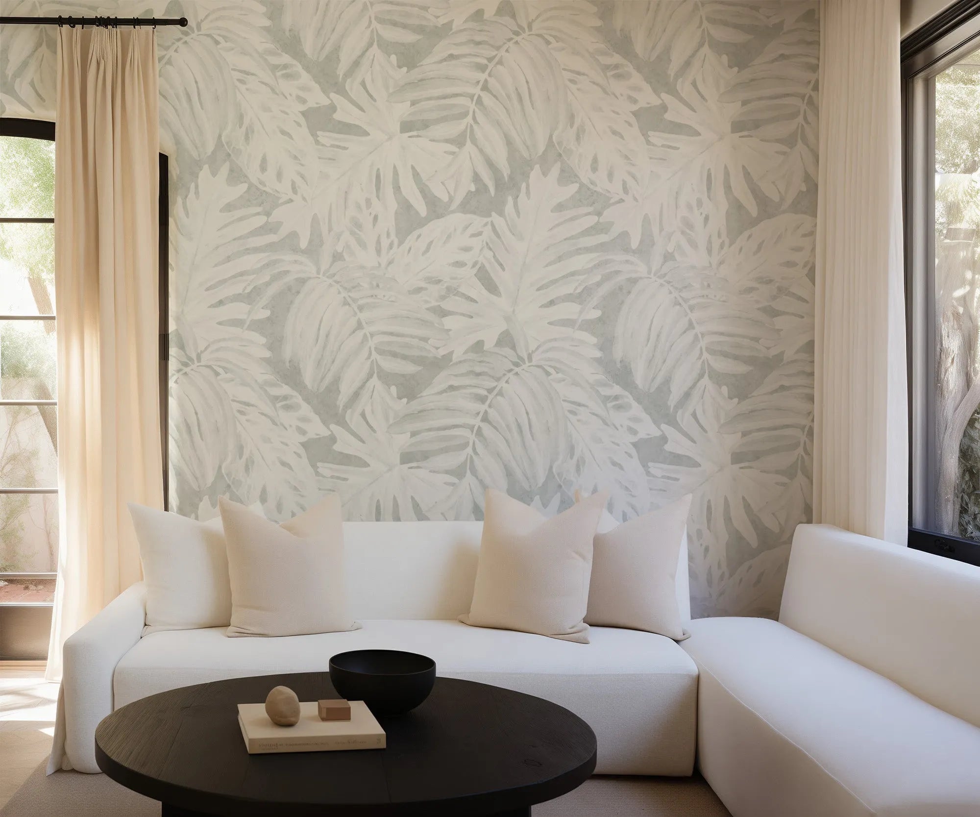 White Luxe Palm Wallpaper in Grey from Olive et Oriel where you can shop wallpaper and artworks online
