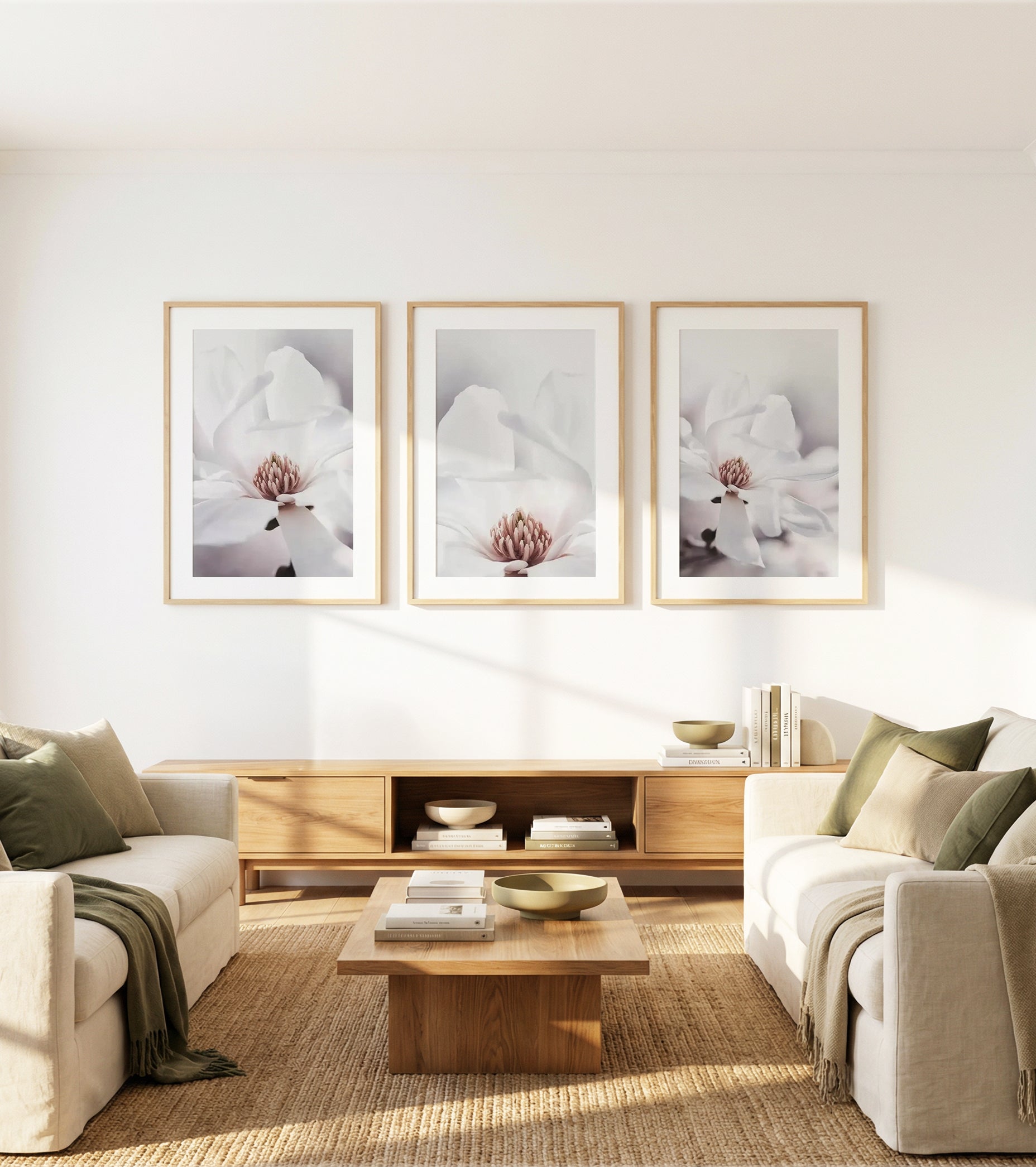 White Magnolia I, II & III | 3 Piece Wall Art Set in White art print oak frame with white border