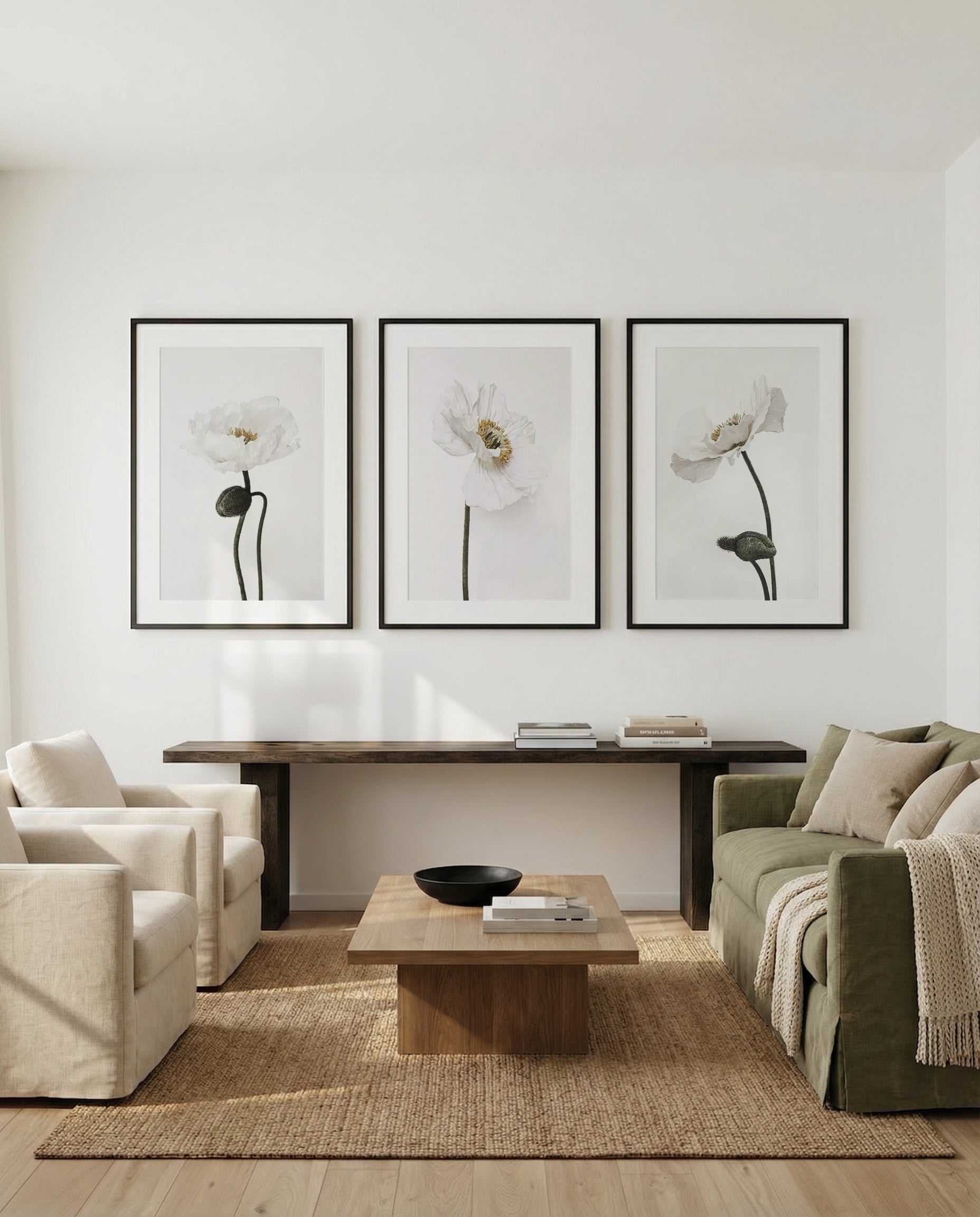 White Poppy I, II & III | 3 Piece Wall Art Set in White art print oak frame with white border