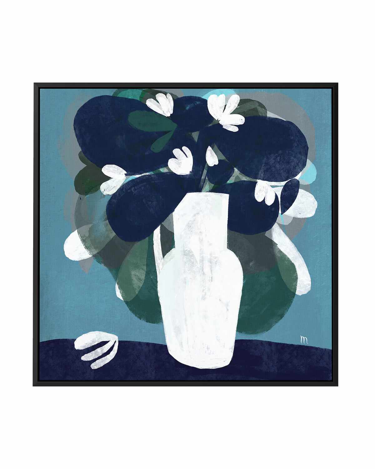 White Flowers in Blue Room by Marco Marella | Framed Canvas Art Print