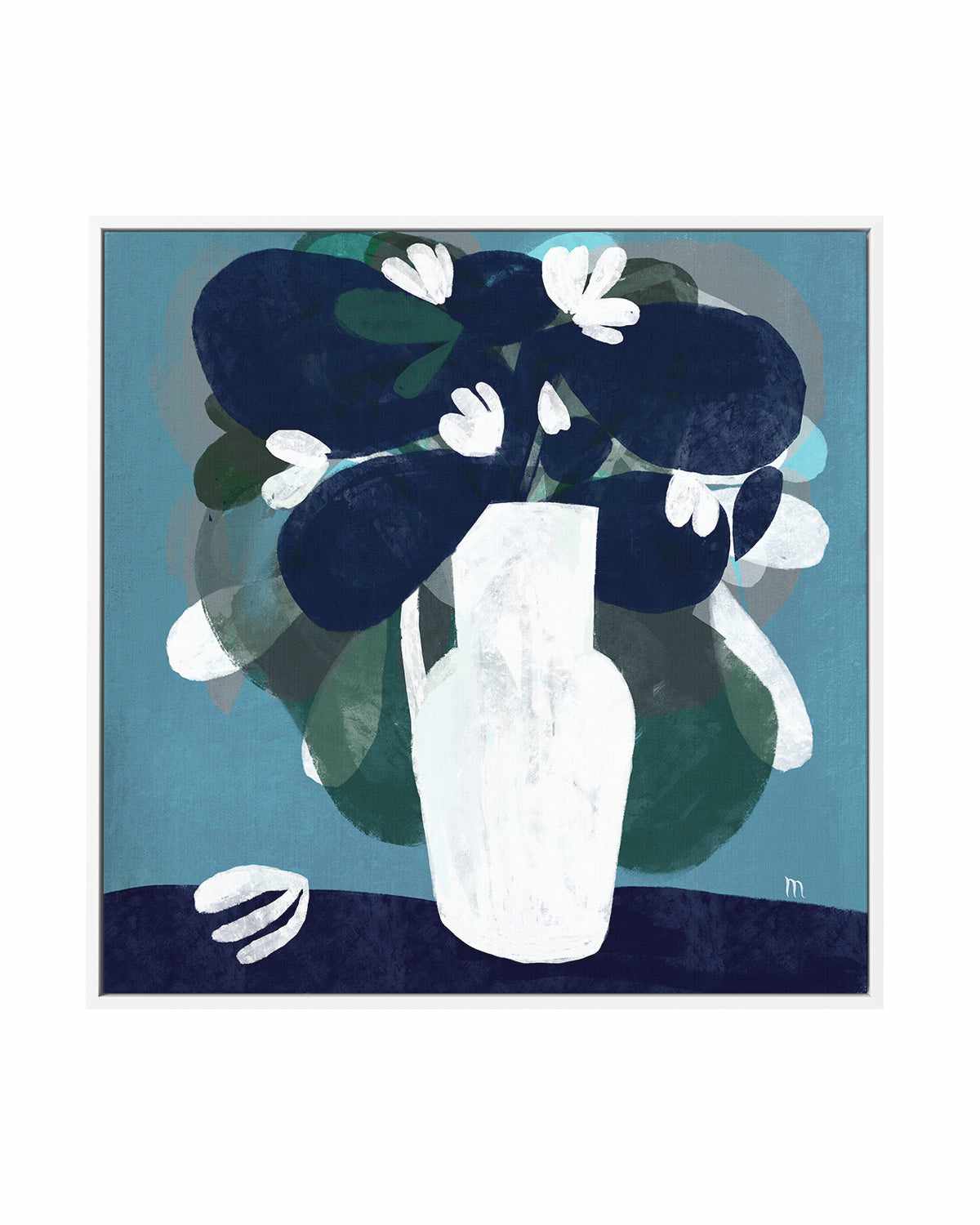 White Flowers in Blue Room by Marco Marella | Framed Canvas Art Print