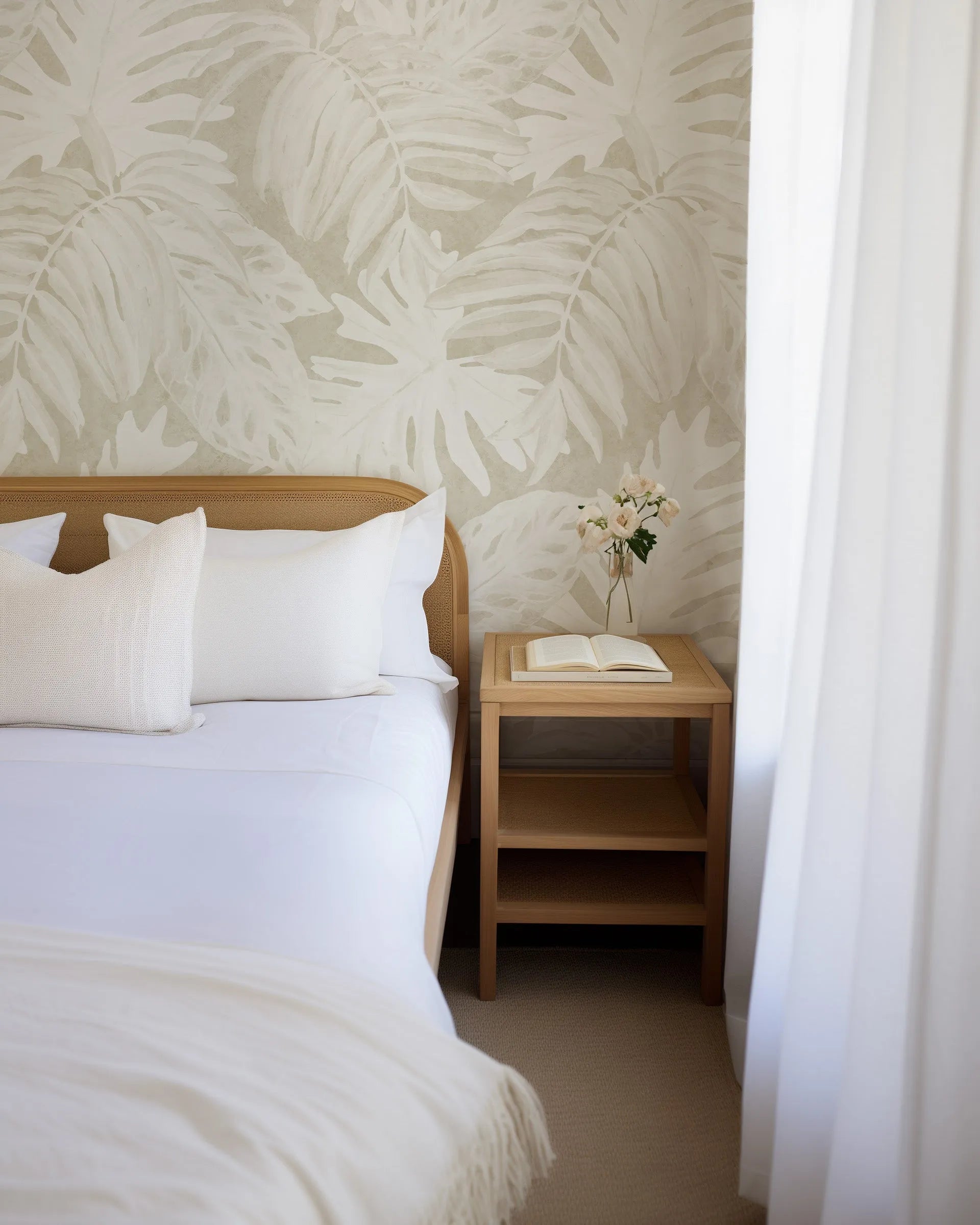 White Luxe Palm Wallpaper in Sand from Olive et Oriel where you can shop wallpaper and artworks online