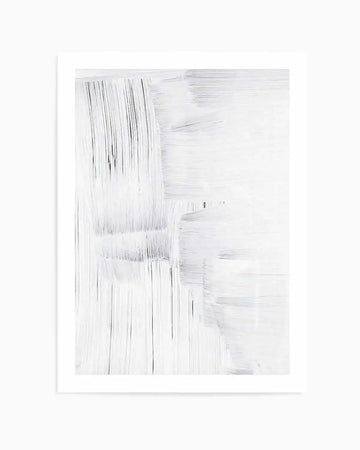 Abstract art print featuring vertical and horizontal brushstrokes in black and gray tones on a white background, creating a minimalist composition with a weathered, whitewashed appearance. The print is displayed in a white frame with white border, mounted on a light gray wall.