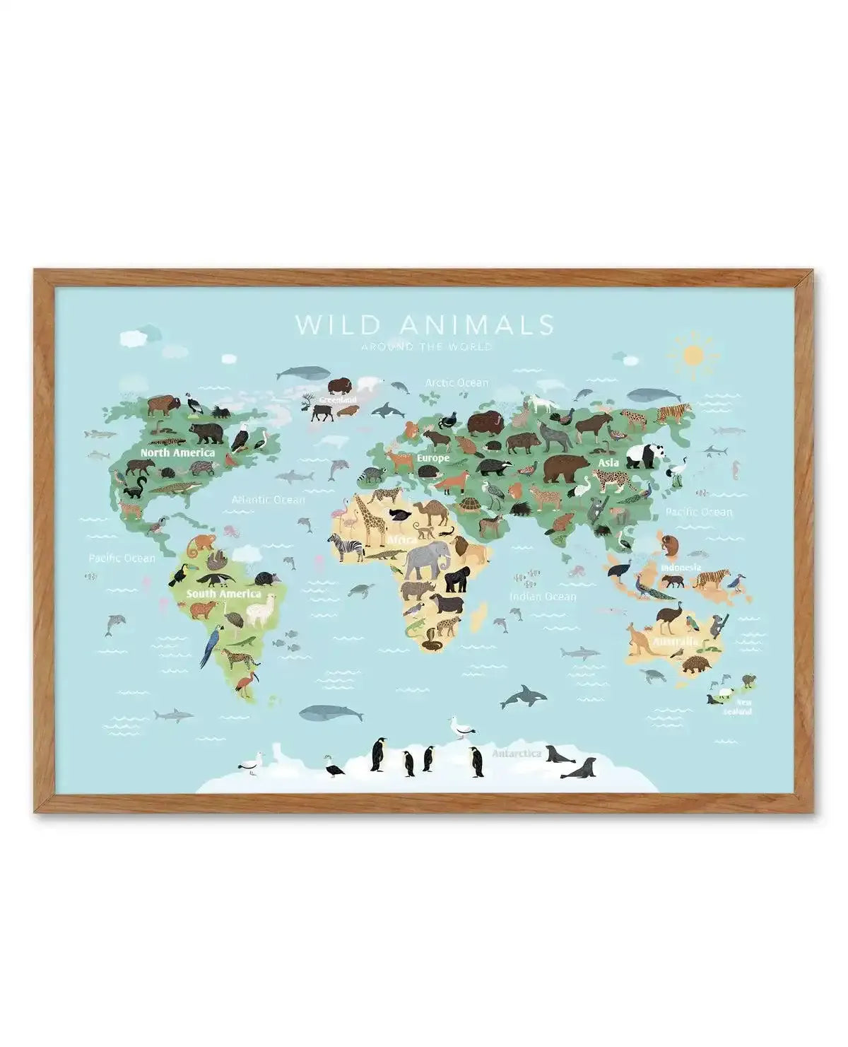 Wild Animals World Map | Blue Art Print-PRINT-Olive et Oriel-Olive et Oriel-50x70 cm | 19.6" x 27.5"-Walnut-With White Border-Buy-Australian-Art-Prints-Online-with-Olive-et-Oriel-Your-Artwork-Specialists-Austrailia-Decorate-With-Coastal-Photo-Wall-Art-Prints-From-Our-Beach-House-Artwork-Collection-Fine-Poster-and-Framed-Artwork
