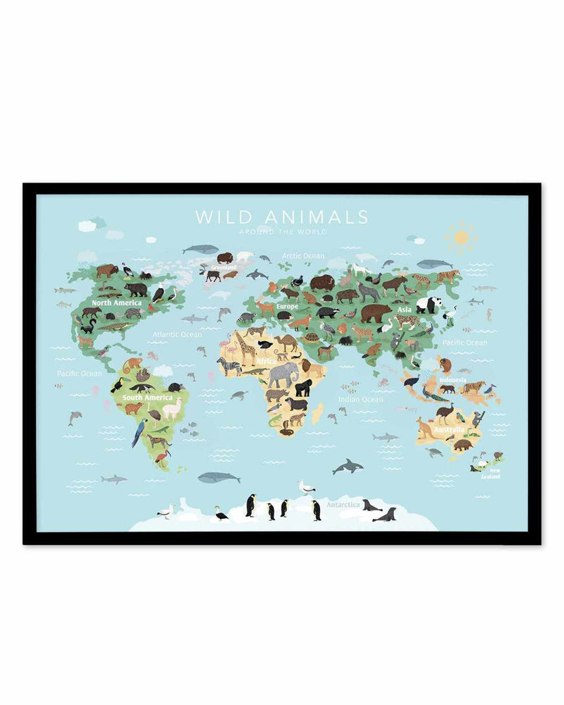 Wild Animals World Map | Blue Art Print