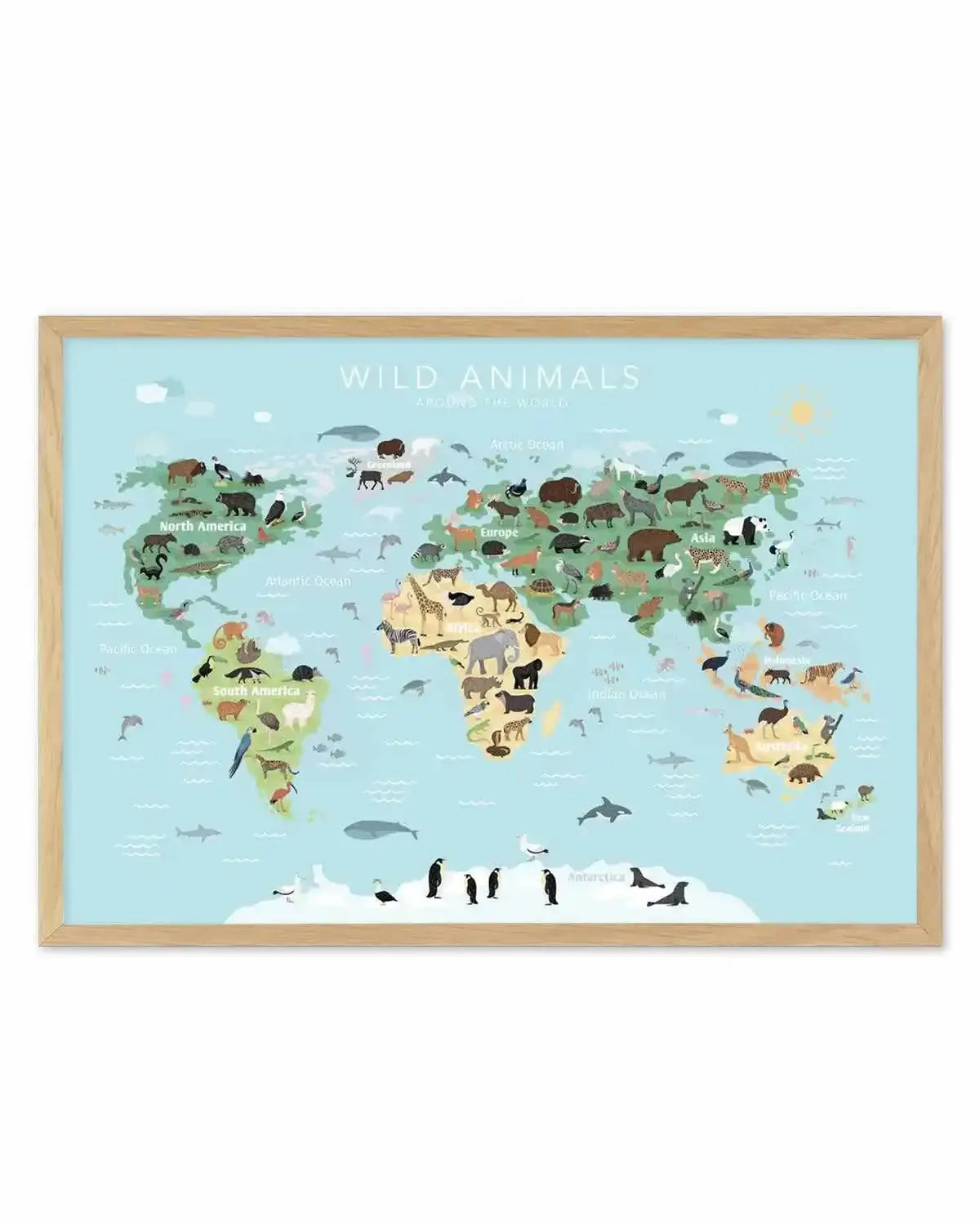 Wild Animals World Map | Blue Art Print from Olive et Oriel where you can shop wallpaper and artworks online