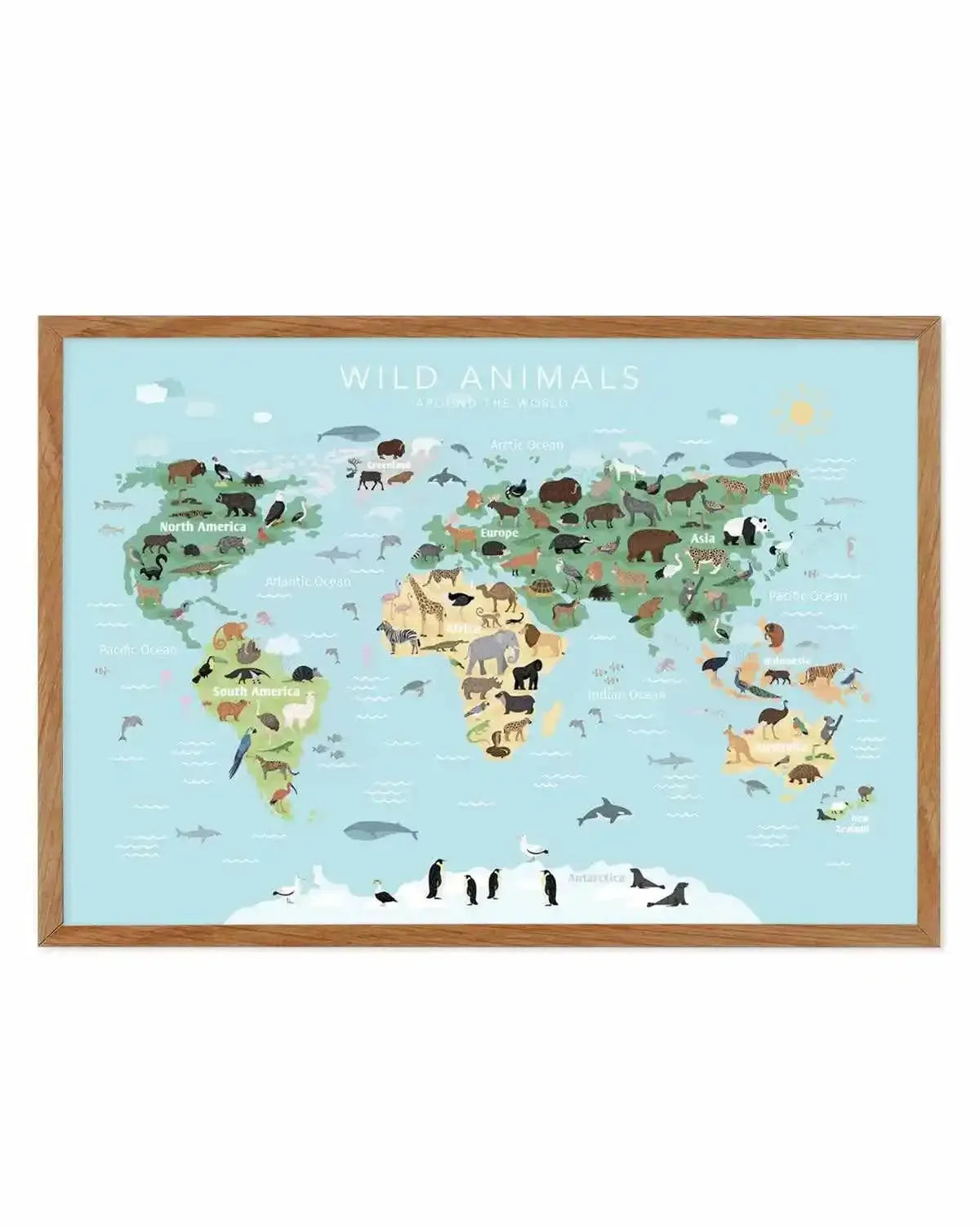 Wild Animals World Map | Blue Art Print from Olive et Oriel where you can shop wallpaper and artworks online