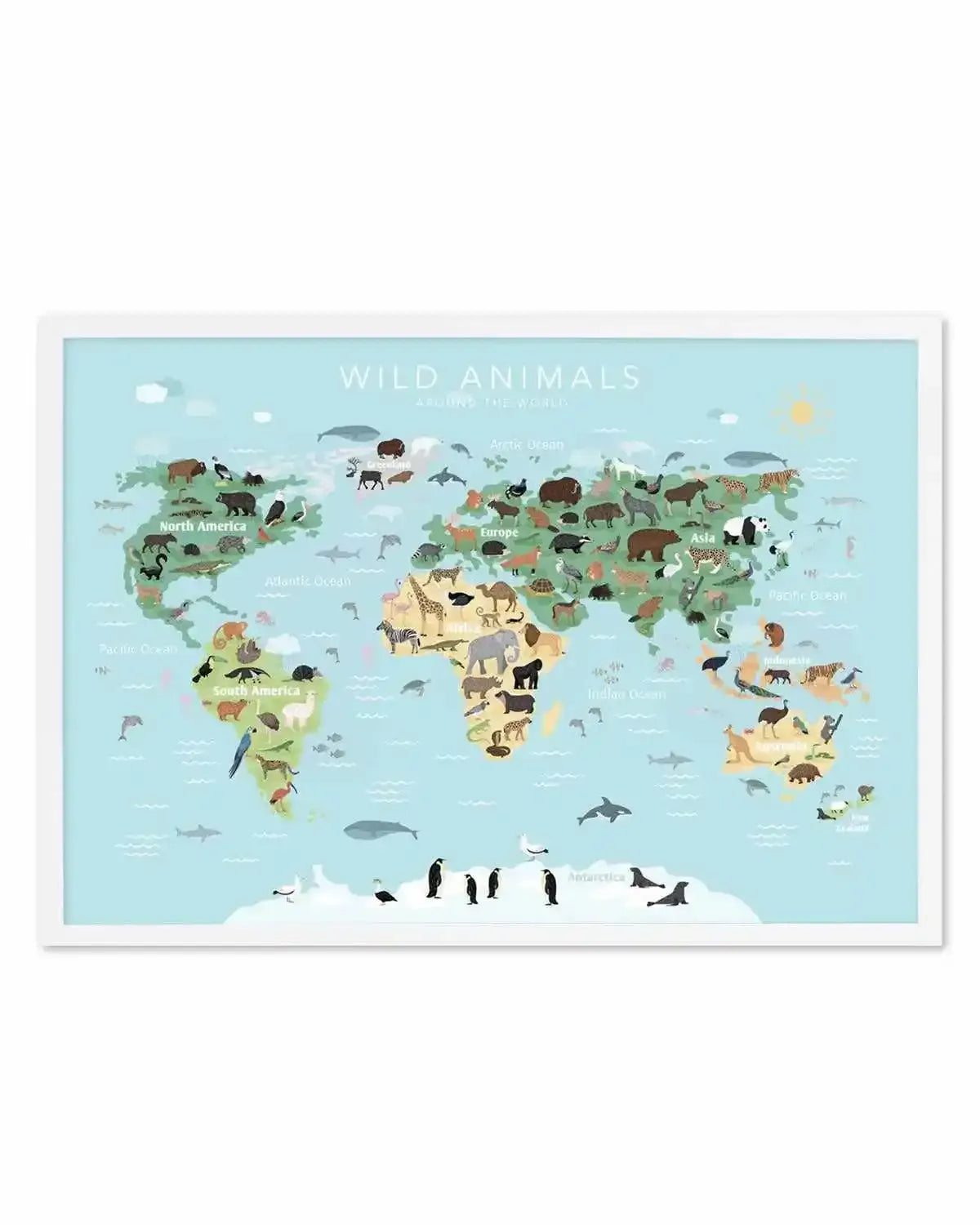 Wild Animals World Map | Blue Art Print from Olive et Oriel where you can shop wallpaper and artworks online