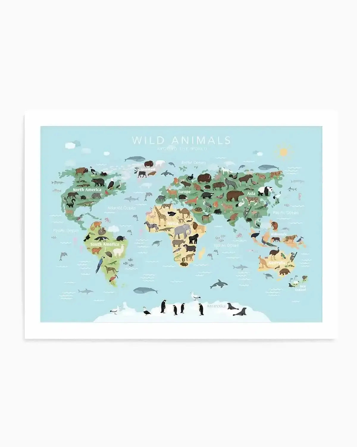Wild Animals World Map | Blue Art Print from Olive et Oriel where you can shop wallpaper and artworks online
