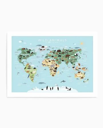 Wild Animals World Map | Blue Art Print from Olive et Oriel where you can shop wallpaper and artworks online
