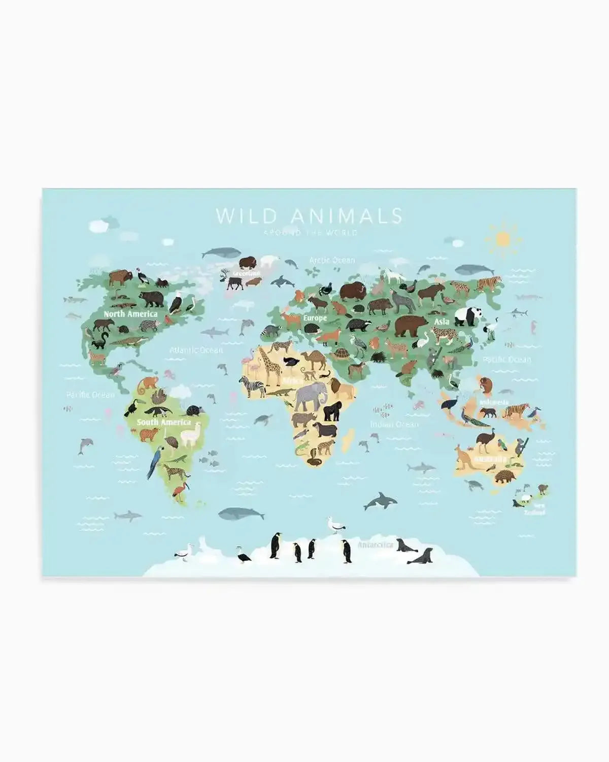 Wild Animals World Map | Blue Art Print from Olive et Oriel where you can shop wallpaper and artworks online
