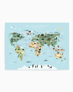 Wild Animals World Map | Blue Art Print