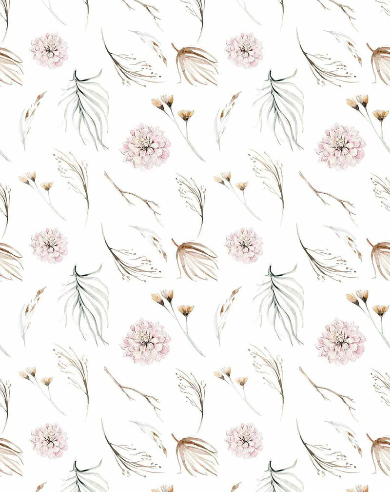 Peel and stick wallpaper featuring a repeating pattern of delicate watercolour botanical elements on a white background. The design includes soft pink dahlia-like flowers, thin brown branches, light grey-green leaves, and small brown and cream dried flowers, all with a loose, organic brushstroke quality.
