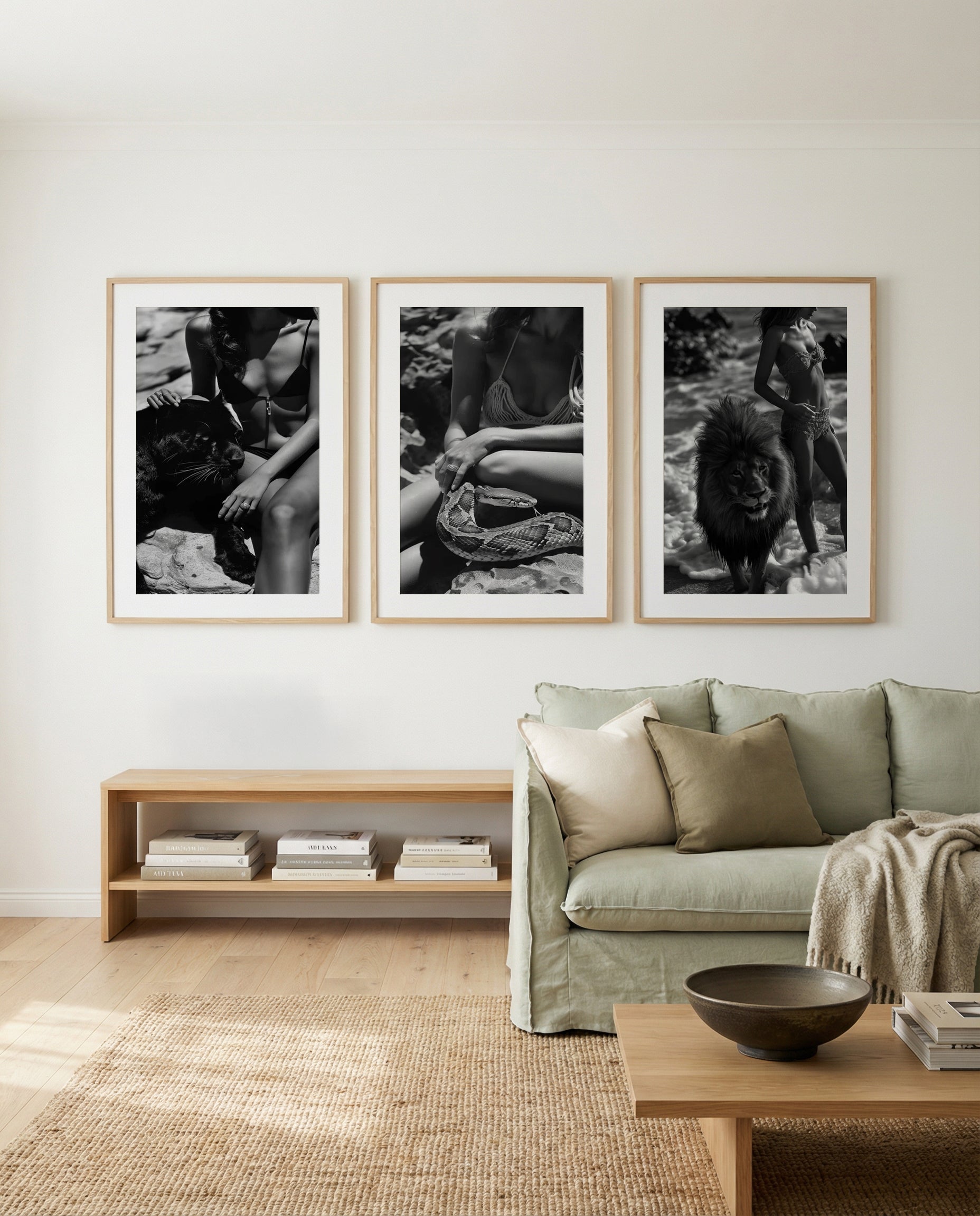 Wild Summer I, II & III | 3 Piece Wall Art Set in Black and White art print oak frame with white border