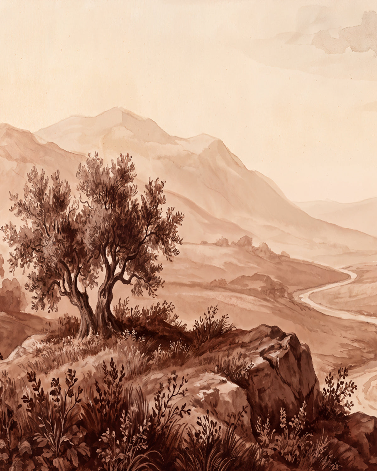 Winding Valley in Chocolate Brown and Pink Wallpaper Mural