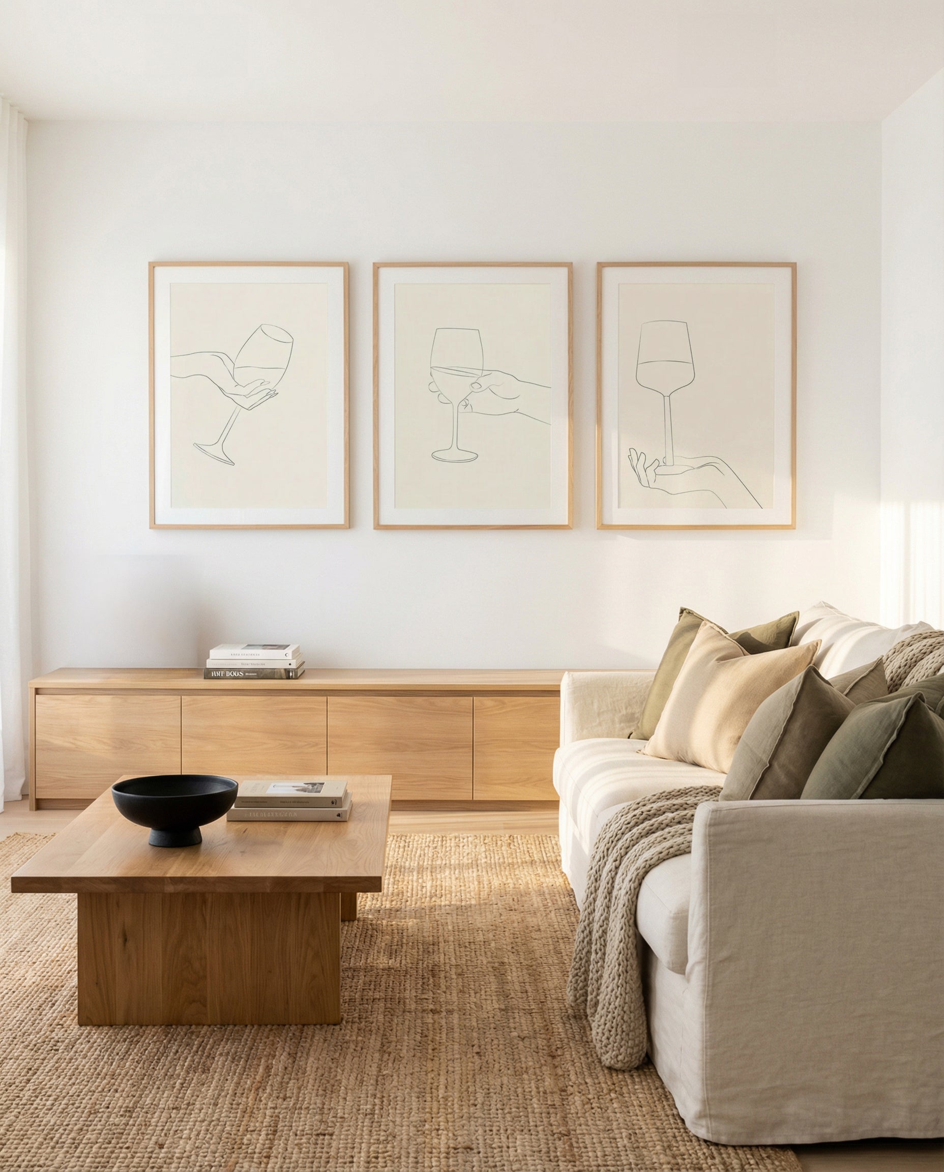 Wine Line Art I, II & III | 3 Piece Wall Art Set in Beige art print oak frame with white border