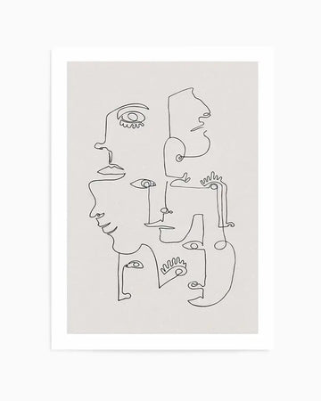 Abstract art print featuring a continuous line drawing of multiple faces in black on a light grey background with a subtle speckled texture. The composition shows various facial features like eyes, noses, and mouths intertwined and overlapping, creating a surreal and minimalist aesthetic.