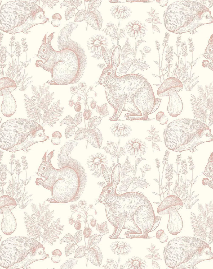 Peel and stick wallpaper featuring a repeating pattern of hand-drawn woodland animals and plants in a soft, muted pink outline on a cream background. The design includes hedgehogs, squirrels, and rabbits, interspersed with mushrooms, strawberries, lavender, and daisies, creating a whimsical, naturalistic illustration style.